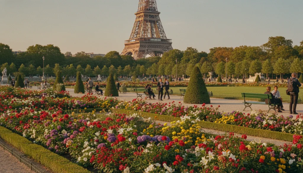 Une vue sereine des célèbres parcs et jardins parisiens, avec au premier plan la végétation luxuriante et les parterres impeccablement taillés du Jardin des Tuileries, ses charmantes allées et ses haies élégamment sculptées. Au second plan, des personnes en tenue professionnelle flânent ou se prélassent sur des bancs, profitant du cadre et insufflant vie et atmosphère à la scène. En arrière-plan, la majestueuse Tour Eiffel se dessine à travers la douce canopée des arbres, baignée d'une lumière dorée et cinématographique. L'image, en résolution 8K, doit capturer les moindres détails des fleurs et du feuillage. L'atmosphère, paisible et accueillante, invite le spectateur à s'immerger dans la beauté de ces jardins parisiens emblématiques.