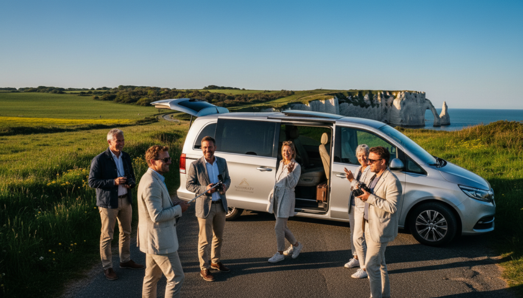 A small group of tourists enjoying a scenic Normandy tour in a luxury minivan, parked near the iconic cliffs of Étretat. In the foreground, a diverse group of individuals in smart casual clothing, engaged in conversation and taking photos, capturing the essence of adventure and exploration. The middle ground features the sleek, modern minivan with its doors open, inviting the tourists to hop in for comfort and style. In the background, the breathtaking cliffs rise majestically against a clear blue sky, framed by vibrant green fields. The scene is illuminated by soft, golden hour lighting, casting long shadows and enhancing the rich textures of the landscape. The atmosphere is lively and cheerful, embodying a memorable travel experience. Highly detailed textures, 8k resolution. A small group of tourists enjoying a scenic Normandy tour in a luxury minivan, parked near the iconic cliffs of Étretat. In the foreground, a diverse group of individuals in smart casual clothing, engaged in conversation and taking photos, capturing the essence of adventure and exploration. The middle ground features the sleek, modern minivan with its doors open, inviting the tourists to hop in for comfort and style. In the background, the breathtaking cliffs rise majestically against a clear blue sky, framed by vibrant green fields. The scene is illuminated by soft, golden hour lighting, casting long shadows and enhancing the rich textures of the landscape. The atmosphere is lively and cheerful, embodying a memorable travel experience. Highly detailed textures, 8k resolution.