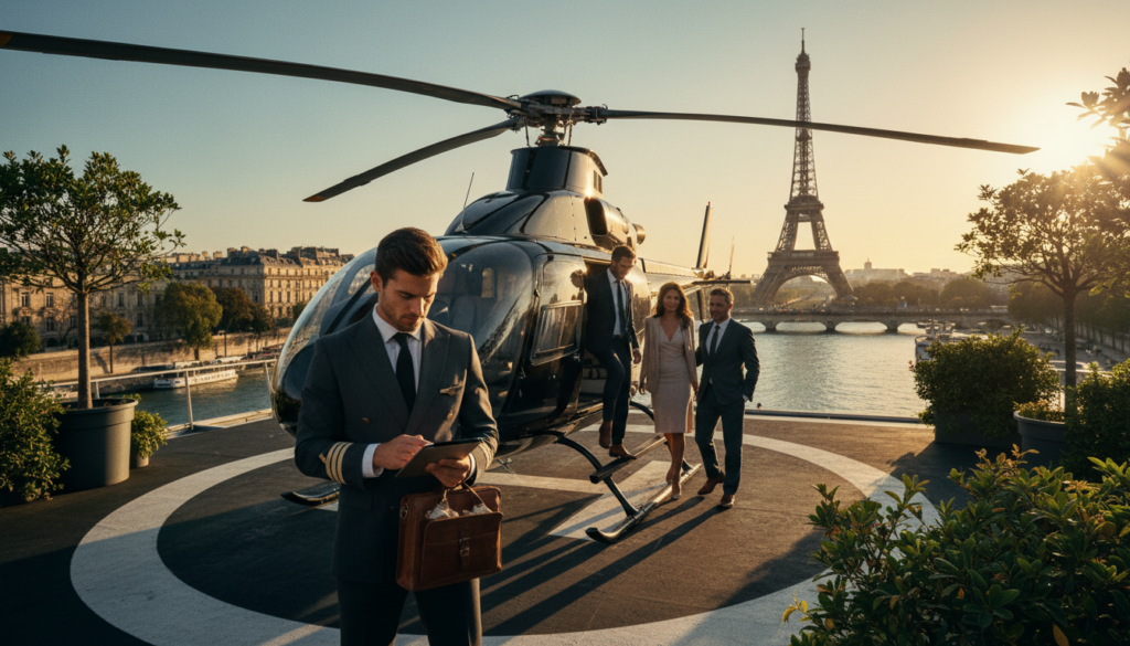 A sophisticated helicopter departure point in Paris, featuring a sleek helicopter poised for takeoff. In the foreground, capture a well-dressed helicopter pilot in a crisp uniform, checking flight equipment. In the middle ground, elegant passengers in professional attire are boarding the helicopter, their faces showing excitement and anticipation. The background showcases the iconic Eiffel Tower and the Seine River, bathed in warm, golden hour lighting that adds a cinematic quality. The scene is framed from a low angle to emphasize the height of the helicopter and the grandeur of Parisian landmarks. Textures are highly detailed, presenting the metallic gleam of the helicopter and the lush greenery surrounding the departure area, all rendered in stunning 8k resolution for clarity and vibrancy. The atmosphere is luxurious and exhilarating, reflecting the premium experience of helicopter tours in the city.