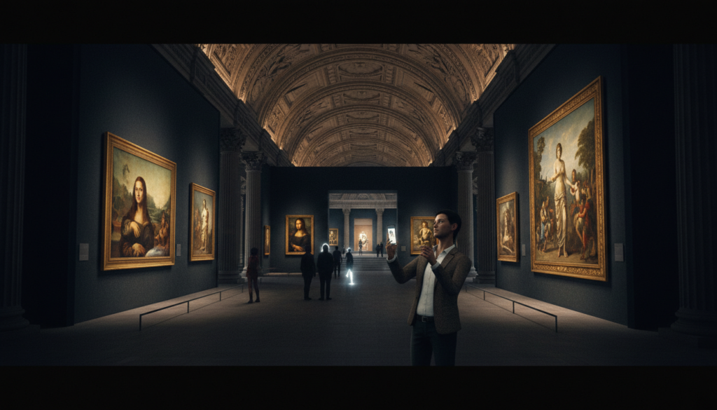 A spacious virtual gallery inspired by the Louvre Museum, featuring intricate architectural details like arched ceilings and elegant columns. In the foreground, a virtual visitor, dressed in smart casual attire, gazes thoughtfully at a famous artwork, with their smartphone in hand, capturing the moment. The middle layer showcases iconic pieces of art displayed on the gallery walls, illuminated by soft, cinematic lighting that enhances the textures and colors of the paintings. In the background, hints of other virtual visitors can be seen exploring the gallery. The atmosphere is serene and inviting, evoking a sense of wonder and appreciation for art. The image is rendered in 8k resolution, showcasing highly detailed textures and a realistic perspective, creating an immersive experience.