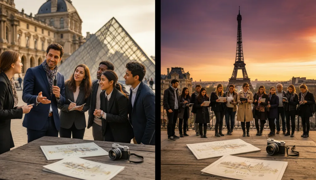 Una imagen en pantalla dividida que muestra un recorrido cultural por París. A la izquierda, un guía con vestimenta profesional se dirige a un pequeño grupo de turistas cerca del Louvre, enfatizando una interacción breve y personalizada; los participantes escuchan atentamente, mostrando interés y diversidad cultural. A la derecha, un grupo más numeroso se reúne en un mirador con vistas impresionantes de la Torre Eiffel al atardecer, ilustrando una visita más extensa en la que los participantes toman notas y fotografías, resaltando la profundidad del contenido. En primer plano, se aprecian folletos y mapas de diseño elegante extendidos sobre una mesa rústica de madera. El fondo muestra la icónica arquitectura parisina bañada por una cálida iluminación cinematográfica. La imagen fue capturada con un objetivo gran angular, enfatizando tanto la accesibilidad como la majestuosidad, y se presenta con texturas de gran detalle en resolución 8K.