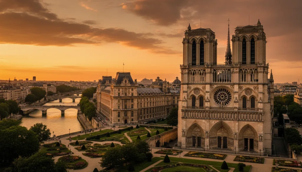 Una imagen impactante que muestra las atracciones históricas gratuitas más icónicas de París, con la majestuosa Catedral de Notre Dame en primer plano, donde la intrincada arquitectura gótica se alza imponente bajo una iluminación dramática y cinematográfica. En el centro, se encuentra el histórico Palacio de Justicia, con sus detalles ornamentales y exuberantes jardines que aportan profundidad. Al fondo, las vistas panorámicas del río Sena, que reflejan los cálidos tonos del cielo al atardecer, crean una atmósfera serena. Capture la escena con un objetivo de 85 mm para resaltar las texturas y los ricos detalles de los edificios. La atmósfera es encantadora y acogedora, celebrando el rico patrimonio de París e invitando a los espectadores a explorar su historia. La composición debe ser muy detallada y presentarse en resolución 8k para mayor claridad y dinamismo.