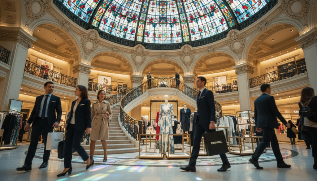 A stunning interior view of Galeries Lafayette in Paris, showcasing its iconic glass dome overhead with intricate patterns and colors filtering through sunlight. In the foreground, elegant shoppers in professional attire carry shopping bags, adding a sense of activity and vibrancy. The middle ground features lush displays of high-end fashion and accessories, with bright, inviting lighting enhancing the textures of the luxurious materials. In the background, the beautiful architectural details of the building are visible, creating a regal atmosphere. Capture the scene with a cinematic angle, emphasizing depth and perspective, in 8k resolution to highlight the rich textures and colors of this indoor shopping destination. The mood is lively yet sophisticated, perfect for a bustling shopping experience.