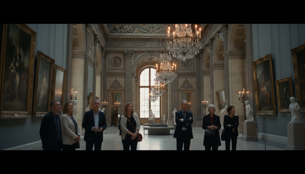 A stunning interior view of the Louvre Museum's art collection, showcasing the grandeur of its galleries. In the foreground, intricate ornate frames hold classic masterpieces, with visitors dressed in smart casual and business attire admiring the art. The middle ground reveals majestic high ceilings adorned with chandeliers, casting soft, warm light across the polished marble floors. In the background, large windows allow natural light to filter in, illuminating detailed textures of the historic architecture. The atmosphere is serene and contemplative, inviting art lovers to explore. Capture this scene in a raw photograph style with cinematic lighting, intricate details, and an 8k resolution to reflect the beauty of the world's most famous art museum.