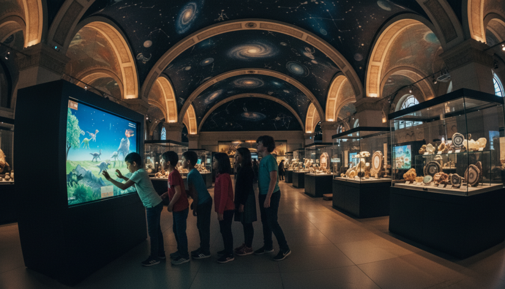 A stunning interior view of the Science and Discovery Natural History Museum in Paris, featuring a grand hall filled with intricately displayed fossils, rare geological specimens, and interactive exhibits. The foreground showcases a group of children in modest casual clothing, eagerly interacting with an engaging display about dinosaurs. In the middle, large glass cases exhibit colorful minerals and ancient artifacts. The background reveals towering walls adorned with murals of the cosmos, complemented by soft, cinematic lighting that highlights the textures of the exhibits. Capture the atmosphere of wonder and curiosity, with the camera angle focused slightly upward to emphasize the grandeur of the museum's architecture, all in vivid 8k resolution.