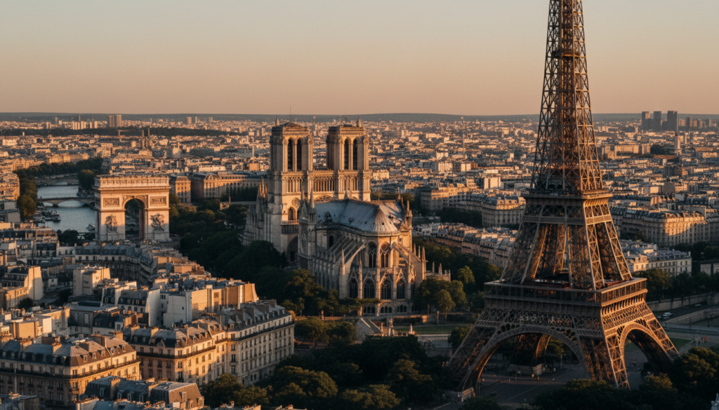 A stunning view of Paris showcasing its historic monuments and architectural wonders. In the foreground, a beautifully detailed rendition of the Eiffel Tower, elegantly lit by the warm glow of an early evening sunset. The middle ground features the elaborate facades of Notre-Dame Cathedral, with its intricate Gothic details, while the iconic Arc de Triomphe stands majestically nearby. In the background, the Seine River sparkles under golden hour light, reflecting the surrounding architecture. The scene is captured from a slightly elevated angle, providing a sweeping perspective that encapsulates the grandeur of the city. The atmosphere is romantic and awe-inspiring, evoking the rich history and beauty of Paris. The image is rendered in 8k resolution with cinematic lighting and highly detailed textures.