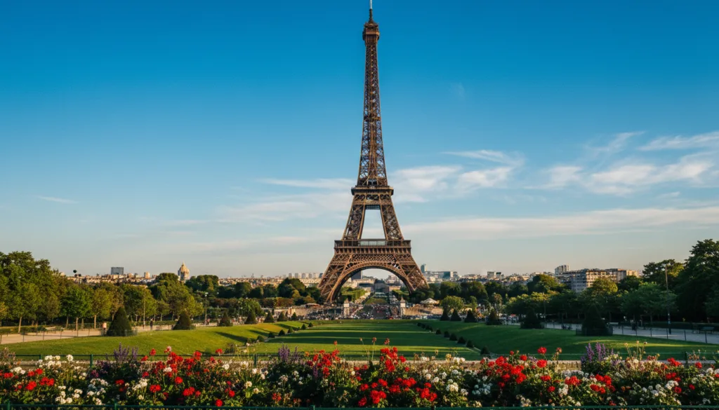 Una vista impresionante de la Torre Eiffel, en primer plano, erguida majestuosamente contra un vibrante cielo azul salpicado de nubes tenues. En el plano medio, la exuberante vegetación del Campo de Marte, con sus cuidados céspedes y flores en plena floración, realza la icónica torre. Al fondo, un atisbo de la arquitectura parisina aporta contexto, mostrando el encanto de la ciudad. La escena está iluminada por una cálida luz cinematográfica, que proyecta suaves sombras que resaltan la intrincada celosía de hierro de la torre. Captura la esencia de un día soleado en París, evocando una sensación de asombro y admiración. Filmada con un objetivo gran angular a la altura de los ojos, asegura que la Torre Eiffel domine la composición, permitiendo que la belleza circundante brille con luz propia. Texturas de gran detalle, renderizadas en resolución 8K, crean una experiencia visual impresionante.