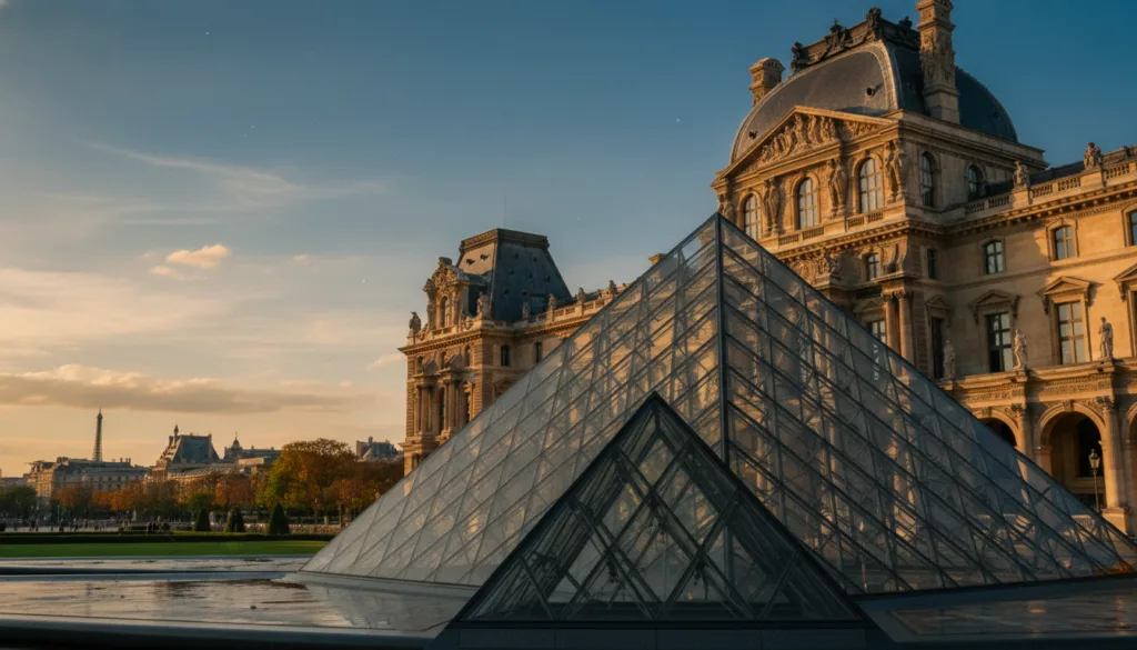 Una vista impresionante del Museo del Louvre en París, con su icónica entrada en forma de pirámide de cristal en primer plano, reflejando el vibrante cielo azul. En el plano medio se aprecia el majestuoso edificio histórico del Louvre, con sus intrincados detalles arquitectónicos, enmarcado por exuberantes jardines. Al fondo, se vislumbra el horizonte parisino, creando un escenario pintoresco. La escena está bañada por la cálida luz dorada del atardecer, que resalta las texturas de la piedra y el cristal. Capturada desde un ángulo bajo para enfatizar la grandeza del museo, la imagen transmite una atmósfera de asombro e inspiración, perfecta para los amantes del arte que visitan este emblemático lugar cultural. La fotografía está renderizada en resolución 8K para un detalle excepcional.