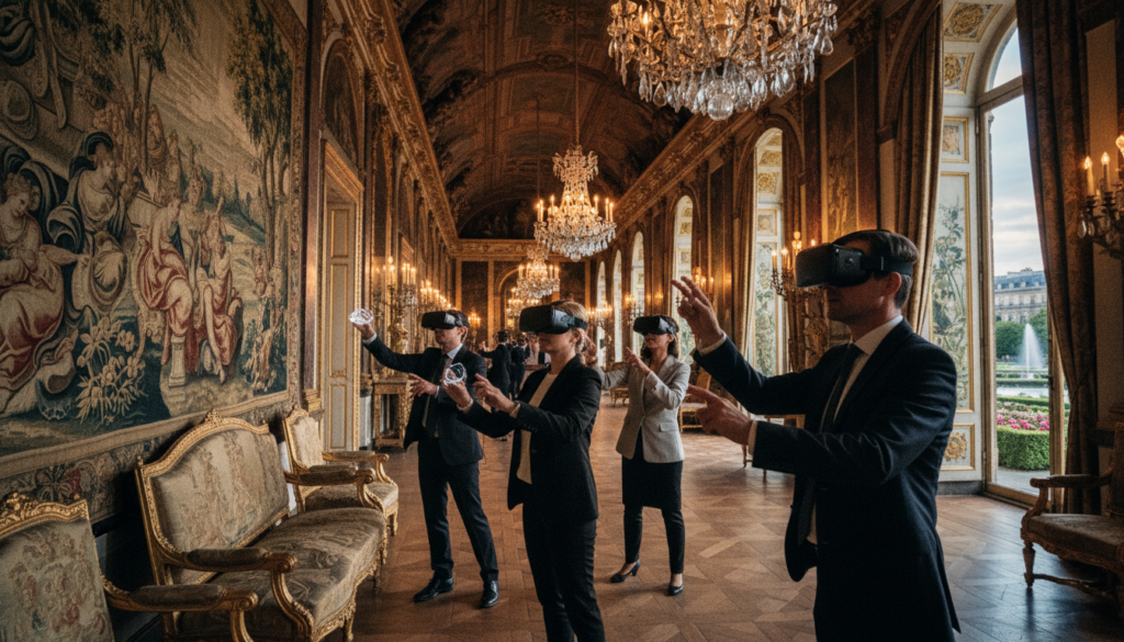 A stunning virtual tour scene set inside the opulent royal chambers of a historic Parisian palace. In the foreground, rich details of golden ornate furniture and intricate wall tapestries reflect the grandeur of the era. The middle ground should showcase an expansive hall with high ceilings adorned with crystal chandeliers and soft, cinematic lighting casting warm glows. Capture a sense of depth with visitors dressed in elegant professional attire, engaged in an immersive experience as they explore the majestic architecture. In the background, large windows reveal views of the palace gardens, enhancing the atmosphere of luxury and history. The image should be highly detailed, with textures visible in 8k resolution, emphasizing the art and craftsmanship of the period.