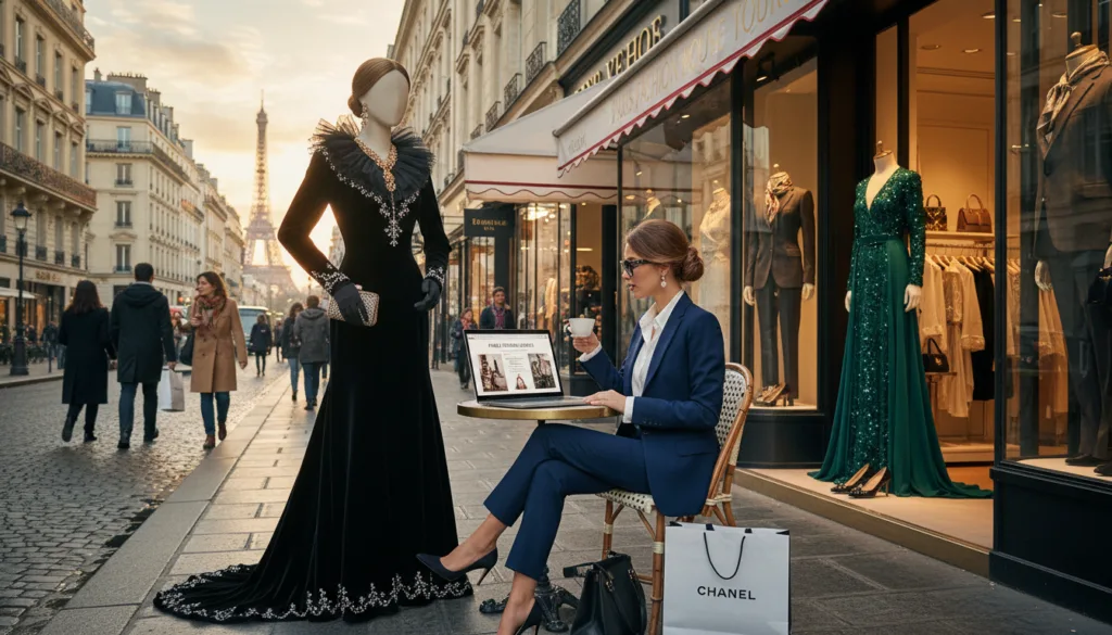 Une élégante scène de rue parisienne met en scène une femme en tailleur, attablée à un café chic, son ordinateur portable ouvert, consultant les offres de visites de maisons de couture à Paris. Au premier plan, un mannequin élégamment vêtu d'une tenue de créateur présente des accessoires haute couture. Au second plan, des boutiques raffinées bordent la rue, leurs vitrines ornées de luxueux présentoirs de mode. En arrière-plan, l'architecture parisienne emblématique se détache sur la douce lumière dorée du crépuscule, créant une atmosphère chaleureuse et accueillante. L'image transmet un sentiment d'effervescence et de sophistication, avec des textures très détaillées soulignant le dynamisme de la mode et le charme de la ville. Tournée en résolution 8K pour une netteté et un réalisme optimaux. Une élégante scène de rue parisienne met en scène une femme en tailleur, attablée à un café chic, son ordinateur portable ouvert, consultant les offres de visites de maisons de couture à Paris. Au premier plan, un mannequin élégamment vêtu d'une tenue de créateur présente des accessoires haute couture. Au second plan, des boutiques raffinées bordent la rue, leurs vitrines ornées de luxueux présentoirs de mode. En arrière-plan, l'architecture parisienne emblématique se détache sur la douce lumière dorée du crépuscule, créant une atmosphère chaleureuse et accueillante. L'image transmet un sentiment d'effervescence et de sophistication, avec des textures très détaillées soulignant le dynamisme de la mode et le charme de la ville. Tournée en résolution 8K pour une netteté et un réalisme optimaux.