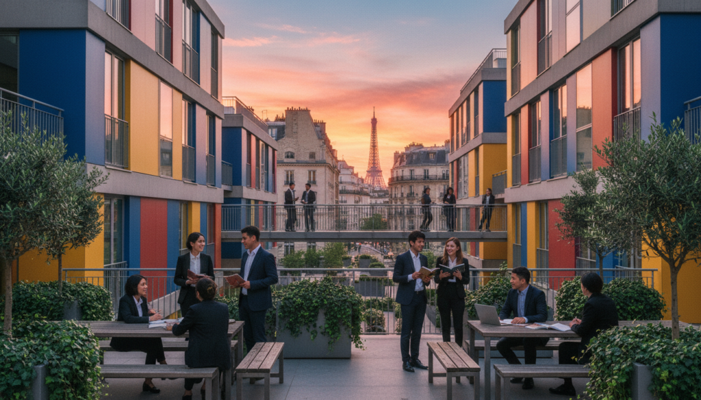 A stylish, modern student housing complex in Paris, featuring contemporary architecture with vibrant colors and large windows, situated in one of the central arrondissements. In the foreground, depict a welcoming entrance with greenery and outdoor seating for students. The middle ground showcases students of diverse backgrounds in professional business attire, engaging in discussions and enjoying the environment. The background reveals iconic Parisian landmarks such as the Eiffel Tower and historic buildings, bathed in warm, golden hour lighting. Capture the scene with a cinematic lens, highlighting the textures of the building's facade and the atmosphere of lively student life, all in highly detailed 8k resolution. A stylish, modern student housing complex in Paris, featuring contemporary architecture with vibrant colors and large windows, situated in one of the central arrondissements. In the foreground, depict a welcoming entrance with greenery and outdoor seating for students. The middle ground showcases students of diverse backgrounds in professional business attire, engaging in discussions and enjoying the environment. The background reveals iconic Parisian landmarks such as the Eiffel Tower and historic buildings, bathed in warm, golden hour lighting. Capture the scene with a cinematic lens, highlighting the textures of the building's facade and the atmosphere of lively student life, all in highly detailed 8k resolution.