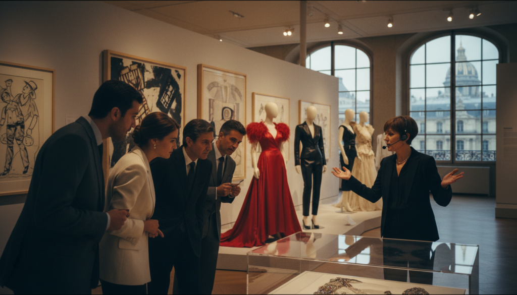A stylish tour group exploring a chic exhibition in a Paris museum dedicated to fashion houses. In the foreground, a diverse group of elegantly dressed individuals in professional business attire deeply engaged with art pieces showcasing haute couture designs, while a knowledgeable guide passionately discusses the collection. The middle ground features striking fashion displays, intricate mannequins draped in signature garments, and vivid artwork on the museum walls, all illuminated by soft, warm cinematic lighting. In the background, elegant arched windows reveal a glimpse of Parisian architecture. The atmosphere is sophisticated yet inviting, capturing the essence of fashion appreciation in a museum setting. Shot with a wide-angle lens to emphasize depth, in ultra-high definition 8K resolution, showcasing highly detailed textures in the fabric and surroundings.