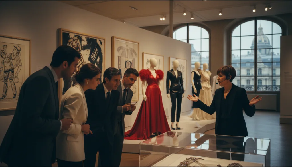 Un groupe de touristes élégants explore une exposition raffinée dans un musée parisien dédié aux maisons de couture. Au premier plan, un groupe hétéroclite de personnes élégamment vêtues de tenues professionnelles se plonge avec passion dans des œuvres d'art présentant des créations de haute couture, tandis qu'un guide expert commente la collection avec enthousiasme. Au second plan, des présentoirs de mode saisissants, des mannequins finement travaillés drapés de vêtements emblématiques et des œuvres d'art éclatantes ornent les murs du musée, le tout baigné d'une lumière douce et chaleureuse, digne d'un film. À l'arrière-plan, d'élégantes fenêtres cintrées laissent entrevoir l'architecture parisienne. L'atmosphère, à la fois sophistiquée et accueillante, capture l'essence même de l'appréciation de la mode dans un cadre muséal. Filmé avec un objectif grand angle pour accentuer la profondeur, en ultra haute définition 8K, ce film révèle des textures d'une grande finesse, tant au niveau des tissus que des décors. Un groupe de touristes élégants explore une exposition raffinée dans un musée parisien dédié aux maisons de couture. Au premier plan, un groupe hétéroclite de personnes élégamment vêtues de tenues professionnelles se plonge avec passion dans des œuvres d'art présentant des créations de haute couture, tandis qu'un guide expert commente la collection avec enthousiasme. Au second plan, des présentoirs de mode saisissants, des mannequins finement travaillés drapés de vêtements emblématiques et des œuvres d'art éclatantes ornent les murs du musée, le tout baigné d'une lumière douce et chaleureuse, digne d'un film. À l'arrière-plan, d'élégantes fenêtres cintrées laissent entrevoir l'architecture parisienne. L'atmosphère, à la fois sophistiquée et accueillante, capture l'essence même de l'appréciation de la mode dans un cadre muséal. Filmé avec un objectif grand angle pour accentuer la profondeur, en ultra haute définition 8K, ce film révèle des textures d'une grande finesse, tant au niveau des tissus que des décors.