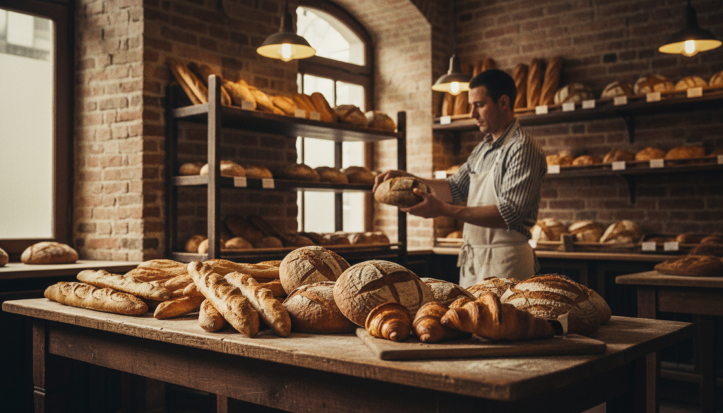 A traditional French bakery setting filled with artisan bread and pastries. In the foreground, a wooden table laden with a variety of freshly baked baguettes, sourdough, and croissants, showcasing their golden crusts and intricate textures. In the middle, a baker in a white apron, carefully arranging loaves on the shelves, emphasizing the artisanal craft behind each creation. The background reveals a rustic bakery interior with brick walls, wooden shelves lined with bread, and warm, inviting lighting casting soft shadows, creating a cozy atmosphere. Capture the scene in a raw photograph style with 8k resolution, highlighting the intricate details of the bread and the warmth of the bakery. Aim for a cinematic quality that evokes the charm of traditional French baking.