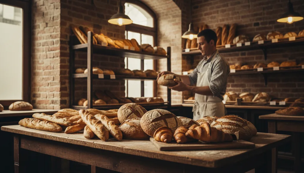 Une boulangerie française traditionnelle regorgeant de pains et viennoiseries artisanales. Au premier plan, une table en bois croule sous une variété de baguettes, de pains au levain et de croissants fraîchement sortis du four, exhibant leurs croûtes dorées et leurs textures complexes. Au centre, un boulanger en tablier blanc dispose soigneusement les miches sur les étagères, soulignant le savoir-faire artisanal qui se cache derrière chaque création. À l'arrière-plan, on découvre l'intérieur rustique d'une boulangerie aux murs de briques, aux étagères en bois chargées de pains et à la lumière chaude et accueillante qui projette des ombres douces, créant une atmosphère chaleureuse. Capturez la scène dans un style photographique brut, en résolution 8K, en mettant en valeur les détails raffinés du pain et la chaleur de la boulangerie. Visez une qualité cinématographique qui évoque le charme de la boulangerie française traditionnelle.