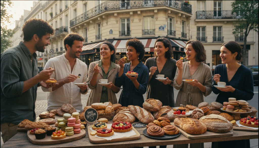 A vibrant Parisian bakery tour scene showcasing gluten-free and vegan bakery delights. In the foreground, a charming table adorned with beautifully presented pastries labeled as gluten-free and vegan, featuring colorful macarons, delicate fruit tarts, and artisanal bread. In the middle, a group of diverse individuals, dressed in modest casual clothing, are engaged in tasting the pastries, exuding joy and curiosity. The background features iconic Parisian architecture and quaint café exteriors, with soft morning sunlight casting warm, golden hues across the scene. The entire image should have highly detailed textures, conveying an inviting and inclusive atmosphere. Capture this in a raw photograph style with cinematic lighting, in 8k resolution to emphasize the freshness and artistry of the bakery treats.