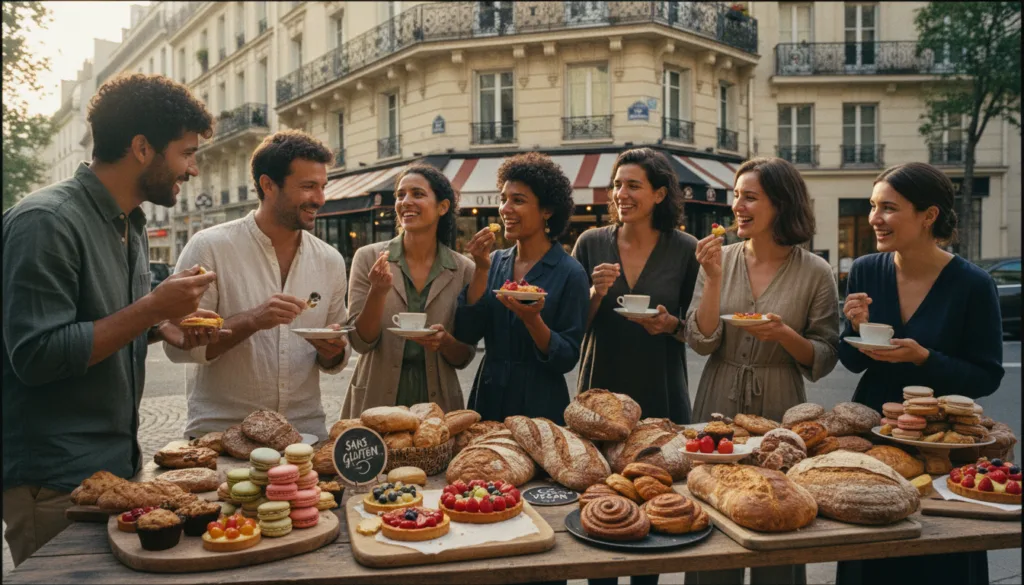 Une scène animée d'une boulangerie parisienne mettant en valeur des délices sans gluten et végétaliens. Au premier plan, une charmante table ornée de pâtisseries magnifiquement présentées, étiquetées sans gluten et végétaliennes&nbsp;: macarons colorés, tartelettes aux fruits délicates et pains artisanaux. Au centre, un groupe de personnes aux profils variés, vêtues de façon décontractée, déguste les pâtisseries avec joie et curiosité. En arrière-plan, on aperçoit l'architecture parisienne emblématique et de pittoresques façades de cafés, baignés par la douce lumière du matin qui projette des teintes chaudes et dorées. L'image entière doit présenter des textures très détaillées, créant une atmosphère accueillante et chaleureuse. Capturez cette scène dans un style photographique brut, avec un éclairage cinématographique, en résolution 8K pour souligner la fraîcheur et le savoir-faire des pâtisseries.