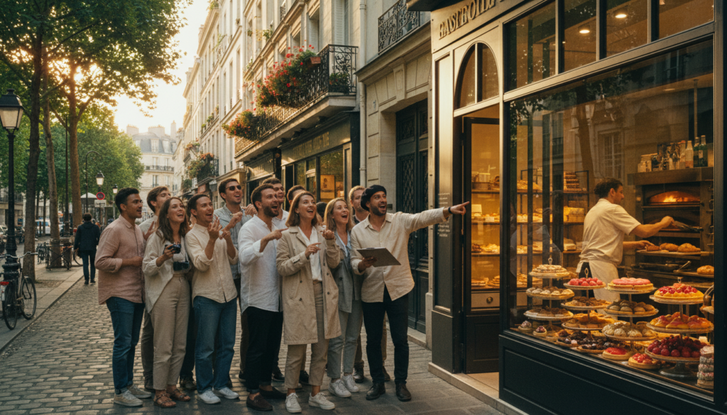 A vibrant Parisian street scene featuring a small, charming bakery with large windows filled with an assortment of artisan French pastries like éclairs, macarons, and tarts. In the foreground, a diverse group of enthusiastic tourists, dressed in casual, modest clothing, are engaged in a guided bakery tour, their expressions filled with delight and curiosity. The middle of the image showcases the bustling baker, skillfully arranging pastries for display under warm, golden lighting. In the background, classic Parisian architecture, including wrought-iron balconies and cobblestone streets, creates a picturesque ambiance, while sunlight spills gently through the trees lining the avenue. The overall mood is joyful and inviting, evoking the rich culinary heritage of Paris. Cinematic lighting enhances the highly detailed textures of the pastries and the setting, creating an immersive scene in 8k resolution.