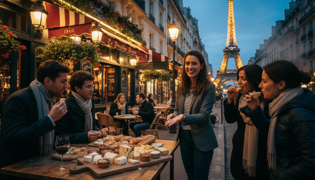 A vibrant Parisian street scene featuring an intimate food tour, showcasing classic French tastings. In the foreground, a stylish tour guide in smart casual attire interacts enthusiastically with a small group of gourmet enthusiasts enjoying a selection of artisanal cheeses, crusty baguettes, and rich pâté. The middle ground reveals a charming sidewalk café with colorful awnings, vintage lanterns, and lush greenery; a couple sits at a table sipping wine. In the background, iconic Parisian architecture and the Eiffel Tower loom gracefully against a twilight sky, casting a warm, golden glow. The composition should have cinematic lighting highlighting the textures of the food and the warmth of the scene, captured in high detail at 8k resolution. The atmosphere should feel inviting and sophisticated, reflecting the essence of secret foodie experiences in Paris.