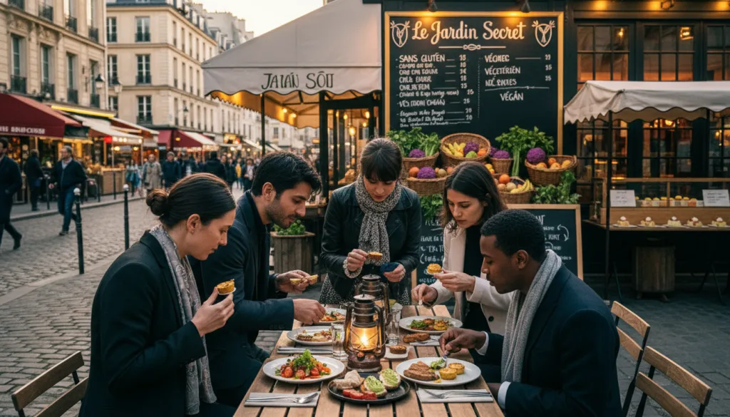 Une rue parisienne animée, illustrant une visite gastronomique discrète axée sur les régimes spécifiques, tels que le sans gluten, les options végétariennes et véganes. Au premier plan, un petit groupe de personnes aux styles variés, vêtues de tenues à la fois décontractées et élégantes, déguste avec attention des plats magnifiquement présentés, notamment des salades colorées et des pains artisanaux. Au second plan, un charmant café affiche un menu proposant des options diététiques, tandis que des étals de fruits et légumes frais et de petits stands de nourriture bordent la rue pavée. À l'arrière-plan, l'architecture parisienne emblématique, baignée par la douce lumière du soir, crée une atmosphère accueillante. L'image doit capturer l'essence de la diversité culinaire et l'ambiance sereine de ce joyau caché de Paris. Qualité photographique brute, résolution 8K, avec un éclairage cinématographique pour sublimer les textures et les détails.