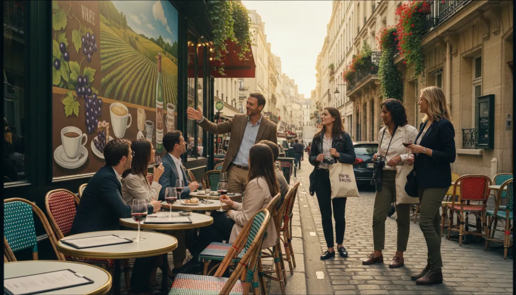 Una vibrante escena callejera parisina que muestra recorridos locales centrados en el vino y la cultura del café. En primer plano, una encantadora terraza de café adornada con pequeñas mesas redondas y sillas coloridas, donde clientes elegantemente vestidos disfrutan de vino y café, riendo y charlando. En el plano medio, un guía local experto comparte historias con un pequeño grupo de turistas, señalando un mural con temática de viñedos en un edificio cercano. El fondo presenta la icónica arquitectura parisina, con flores y vegetación en flor que añaden un toque romántico. La escena está bañada por la cálida luz dorada del atardecer, proyectando suaves sombras y resaltando las ricas texturas de los adoquines y la tapicería del café. La imagen captura una atmósfera relajada y acogedora, celebrando la esencia del estilo de vida parisino en una impresionante resolución 8K.