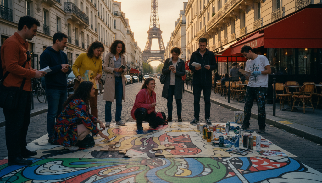A vibrant and artistic scene capturing a unique outdoor art tour in Paris. In the foreground, a diverse group of individuals, dressed in modest, colorful clothing, are exploring an interactive street mural, their expressions filled with curiosity and excitement. In the middle ground, a talented street artist is passionately creating a new piece, surrounded by spray paint cans and art supplies, while small groups of people take photos and sketch. In the background, iconic Parisian architecture, such as the Eiffel Tower and quaint cafés, adds depth to the setting. The scene is illuminated by warm, cinematic lighting during the golden hour, enhancing the textures of the art and streets. The overall mood is lively, creative, and inspiring, suggesting the beauty of artistic exploration in the heart of Paris. A vibrant and artistic scene capturing a unique outdoor art tour in Paris. In the foreground, a diverse group of individuals, dressed in modest, colorful clothing, are exploring an interactive street mural, their expressions filled with curiosity and excitement. In the middle ground, a talented street artist is passionately creating a new piece, surrounded by spray paint cans and art supplies, while small groups of people take photos and sketch. In the background, iconic Parisian architecture, such as the Eiffel Tower and quaint cafés, adds depth to the setting. The scene is illuminated by warm, cinematic lighting during the golden hour, enhancing the textures of the art and streets. The overall mood is lively, creative, and inspiring, suggesting the beauty of artistic exploration in the heart of Paris.