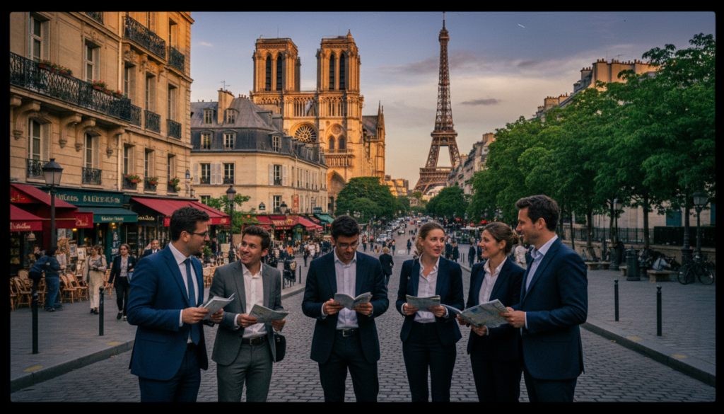 A vibrant and detailed street scene in Paris showcasing various historic districts, captured in a raw photograph style. In the foreground, a group of tourists, dressed in professional business attire, eagerly discussing their historical tour of the vibrant neighborhood, surrounded by picturesque Parisian architecture. The middle ground features iconic landmarks, like the Notre-Dame Cathedral and the charming streets of Montmartre, all bathed in warm, golden cinematic lighting that enhances the textures of the aged buildings. In the background, a softly blurred Eiffel Tower rises against a dusky sky, while lush green trees line the avenues. The atmosphere is lively, yet serene, evoking a sense of adventure and discovery in the heart of historic Paris. 8k resolution captures every detail.