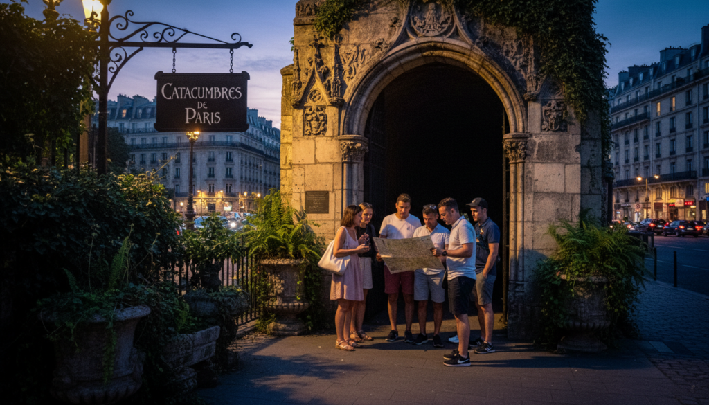 A vibrant and informative scene capturing the entrance to the Paris Catacombs, set against a softly illuminated dusk sky. In the foreground, a weathered stone archway, intricately carved, welcomes visitors. A small group of tourists, dressed in casual summer attire, eagerly studies a map, pointing towards the entrance. In the middle ground, the iconic Catacombs sign hangs slightly ajar, surrounded by lush green foliage that contrasts with the stone. The background reveals the bustling streets of Paris, with historical buildings partially visible, suggesting proximity to popular landmarks. The atmosphere is a mix of mystery and excitement, with cinematic lighting enhancing the textures of the stone and subtle reflections on the polished map. The image is rendered in stunning 8k resolution, highlighting every detail.