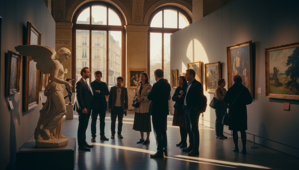 A vibrant and inviting scene at a municipal museum in Paris, showcasing free permanent collections. In the foreground, a diverse group of visitors, dressed in professional business attire and modest casual clothing, are engaged in admiring an elegant sculpture displayed prominently. The middle ground features beautifully arranged art pieces on well-lit walls, highlighting intricate details and textures, with visitors interacting with informative plaques. In the background, grand architectural elements of the museum building are visible, framed by large windows that let in soft, natural light, creating a warm and welcoming atmosphere. The overall mood is one of curiosity and appreciation for culture, captured in a raw photograph style with cinematic lighting, emphasizing highly detailed textures in 8k resolution.