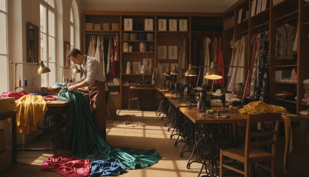 A vibrant and inviting scene showcasing a behind-the-scenes atelier and workshop in Paris. In the foreground, a tailor meticulously works on a high-fashion garment, surrounded by swatches of luxurious fabrics in rich colors. The middle ground features an organized array of sewing machines and tools, accentuated by the soft glow of vintage workshop lamps. The background reveals shelves lined with beautiful couture creations and sketches, capturing the essence of craftsmanship. The ambiance is warm and creative, with sunlight filtering through large windows, illuminating the intricate details of the space. The mood is inspiring and sophisticated, evoking a sense of artistry and dedication. The image is rendered in raw photograph quality, with cinematic lighting and highly detailed textures, in stunning 8k resolution.