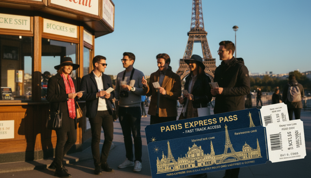 A vibrant and inviting scene showcasing skip-the-line tickets for popular Paris attractions. In the foreground, a close-up of elegantly designed ticket stubs featuring iconic landmarks like the Eiffel Tower and the Louvre, with intricate details and a glossy finish. The middle ground displays a bustling ticket kiosk surrounded by excited tourists, dressed in stylish yet casual attire, happily discussing their plans. The background features a softly blurred view of the Eiffel Tower under a clear blue sky, bathed in warm, golden sunlight that highlights the textures of the architecture. The overall mood is one of excitement and anticipation, with a cinematic quality and rich colors, captured in 8k resolution, emphasizing the joy of hassle-free access to world-renowned attractions. A vibrant and inviting scene showcasing skip-the-line tickets for popular Paris attractions. In the foreground, a close-up of elegantly designed ticket stubs featuring iconic landmarks like the Eiffel Tower and the Louvre, with intricate details and a glossy finish. The middle ground displays a bustling ticket kiosk surrounded by excited tourists, dressed in stylish yet casual attire, happily discussing their plans. The background features a softly blurred view of the Eiffel Tower under a clear blue sky, bathed in warm, golden sunlight that highlights the textures of the architecture. The overall mood is one of excitement and anticipation, with a cinematic quality and rich colors, captured in 8k resolution, emphasizing the joy of hassle-free access to world-renowned attractions.