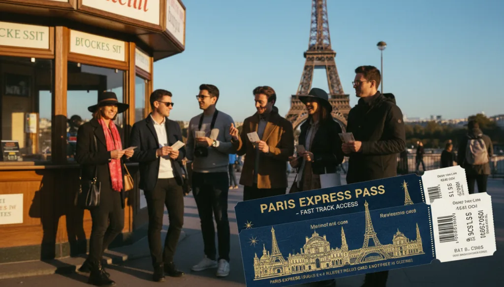 Une scène dynamique et attrayante présente des billets coupe-file pour les attractions parisiennes les plus populaires. Au premier plan, un gros plan sur des talons de billets élégamment conçus, ornés de détails raffinés et d'une finition brillante, mettent en valeur des monuments emblématiques tels que la Tour Eiffel et le Louvre. Au second plan, un guichet animé est entouré de touristes enthousiastes, vêtus avec style et décontraction, discutant joyeusement de leurs projets. En arrière-plan, la Tour Eiffel se dessine, légèrement floue, sous un ciel d'un bleu limpide, baignée d'une chaude lumière dorée qui souligne les reliefs de son architecture. L'atmosphère générale est empreinte d'excitation et d'impatience, avec une qualité cinématographique et des couleurs riches, capturées en résolution 8K, soulignant le plaisir d'un accès sans tracas à des attractions de renommée mondiale.