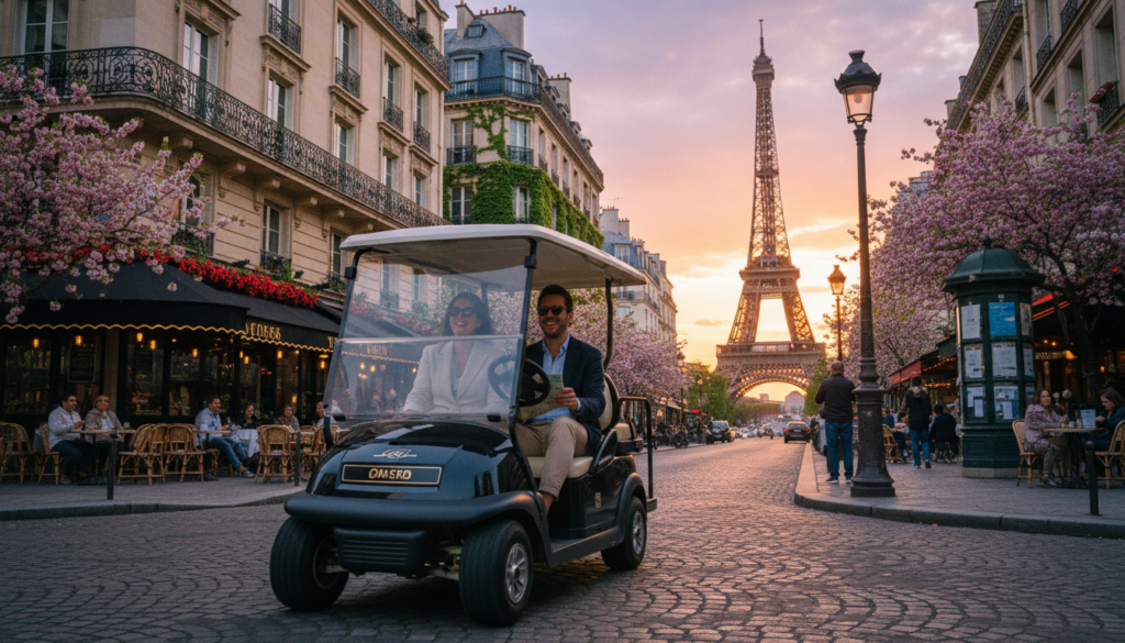 Парисын алдарт гудамжаар эргэлдэж буй гольфын тэрэгний аяллын тод, үзэмжтэй дүр зураг нь Эйфелийн цамхаг болон дур булаам кафе зэрэг түүхэн дурсгалт газруудын хослолыг харуулж байна. Урд талд нь мэргэжлийн энгийн хувцастай хоёр жуулчин дэгжин, орчин үеийн гольфын тэргэн дээр тухтай сууж, үзэсгэлэнт газруудыг ажиглахдаа баяр хөөртэй царайтай харагдаж байна. Дунд хэсэгт цэцэглэж буй модоор хүрээлэгдсэн, амьд Парисын архитектураар хүрээлэгдсэн чулуун гудамжнууд харагдаж байна. Арын дэвсгэр дээр нар жаргах үеэр дулаан алтан гэрлээр бүрхэгдсэн Эйфелийн цамхагийн алсын дүрсийг буулгаж, дүр зургийг зөөлөн гэрэлтүүлж байна. Зураг нь маш нарийн бөгөөд 8к нягтралтай баялаг бүтэцтэй бөгөөд урин дулаан, хөгжилтэй уур амьсгалыг илэрхийлж, киноны гэрэлтүүлэг, гольфын тэрэгний аяллын туршлагыг төвлөрүүлэхийн тулд бага зэрэг гүн талбайг сайжруулсан.