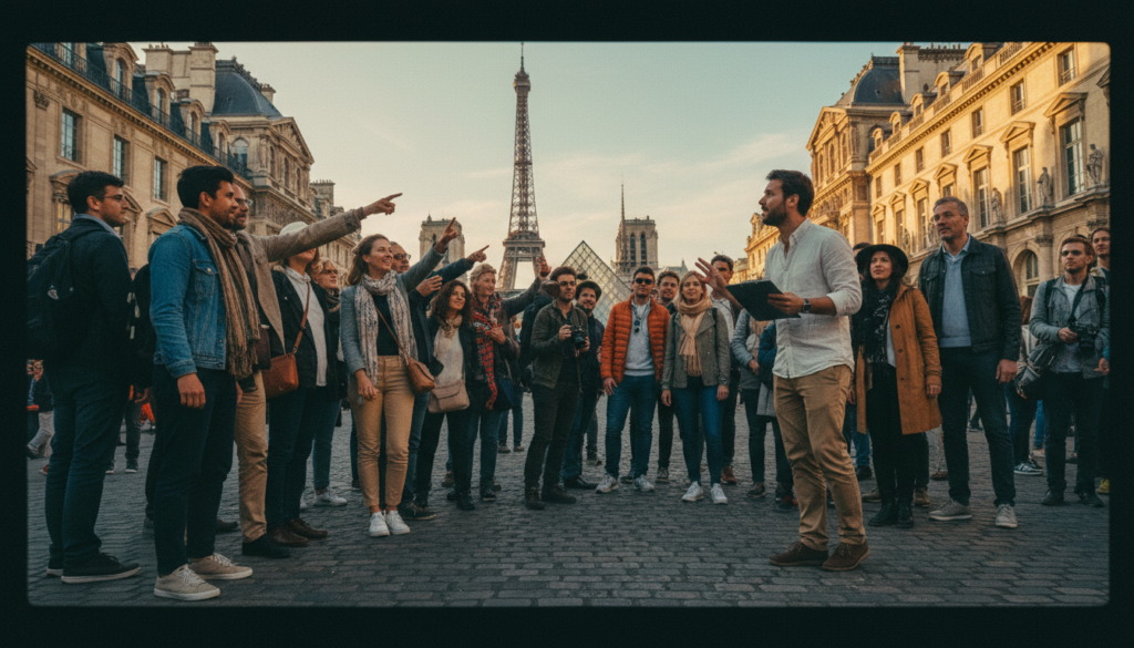 A vibrant, bustling scene of a large group sightseeing tour in Paris, showcasing a diverse mix of tourists. In the foreground, a guide with a clipboard enthusiastically leads the group, all wearing casual but stylish attire. In the middle ground, a cluster of tourists, pointing and taking pictures of iconic landmarks like the Eiffel Tower and the Louvre, capturing their excitement. The background features the picturesque Parisian skyline, with historic architecture and charming streets. The image is shot from a low angle, emphasizing the grandeur of the buildings, under soft, cinematic lighting that conveys a warm, inviting atmosphere. Highly detailed textures and a rich color palette create a sense of realism, presented in stunning 8k resolution.