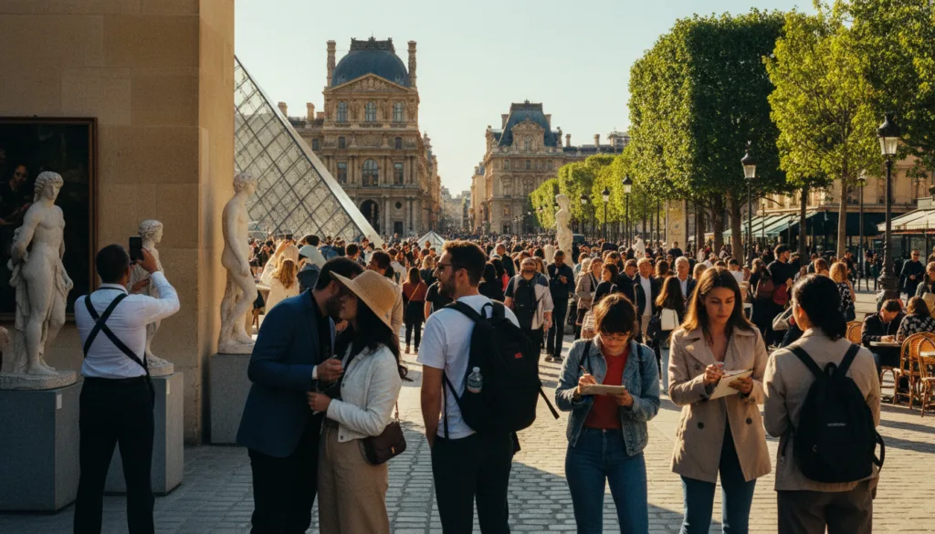 Une scène vibrante et animée, illustrant le charme de Paris, met en scène un groupe de touristes aux profils variés explorant des musées et attractions touristiques à accès gratuit. Au premier plan, des touristes, vêtus de manière décontractée mais élégante, admirent des œuvres d'art et prennent des photos. Au second plan, on aperçoit des monuments parisiens emblématiques, tels que le Louvre et le musée d'Orsay, où des visiteurs, ravis, contemplent les expositions. L'arrière-plan capture une rue parisienne ensoleillée, bordée d'arbres et de charmants cafés, baignée d'une atmosphère chaleureuse et accueillante. La scène est éclairée par une lumière douce et cinématographique qui souligne les détails des pavés et la splendeur architecturale. L'image devrait présenter des textures riches, restituant l'énergie de la ville dans une superbe résolution 8K.
