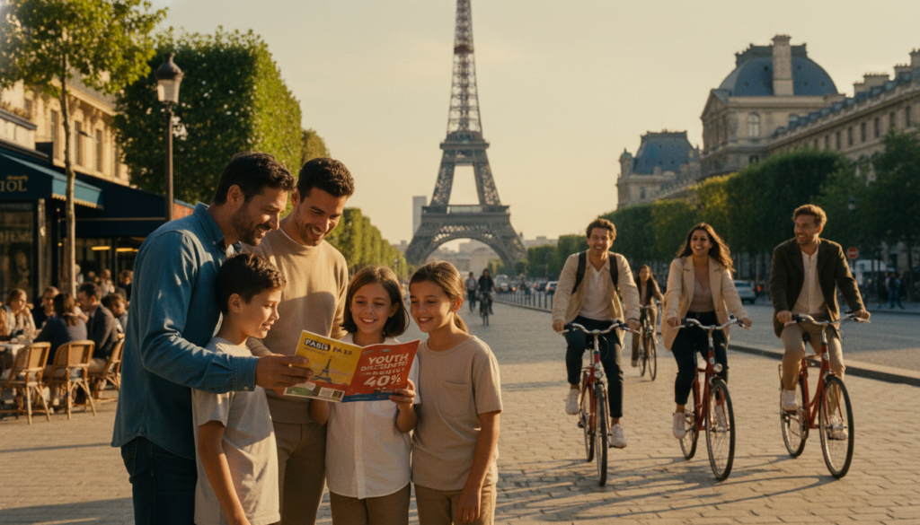 A vibrant, captivating scene showcasing a family happily engaging with various Paris attractions, surrounded by cheerful young adults. In the foreground, a diverse family of four, dressed in modest casual clothing, examines a colorful brochure highlighting discounted pricing on tickets. The middle ground features iconic Paris landmarks, such as the Eiffel Tower and the Louvre, bathed in warm, inviting sunlight. Young people, smiling and enjoying their time, ride bicycles nearby, emphasizing the theme of youth discounts. In the background, a subtly blurred Parisian street with charming cafes and trees adds depth to the image. The lighting is cinematic, creating a lively yet relaxed atmosphere, captured in stunning 8k resolution with highly detailed textures.