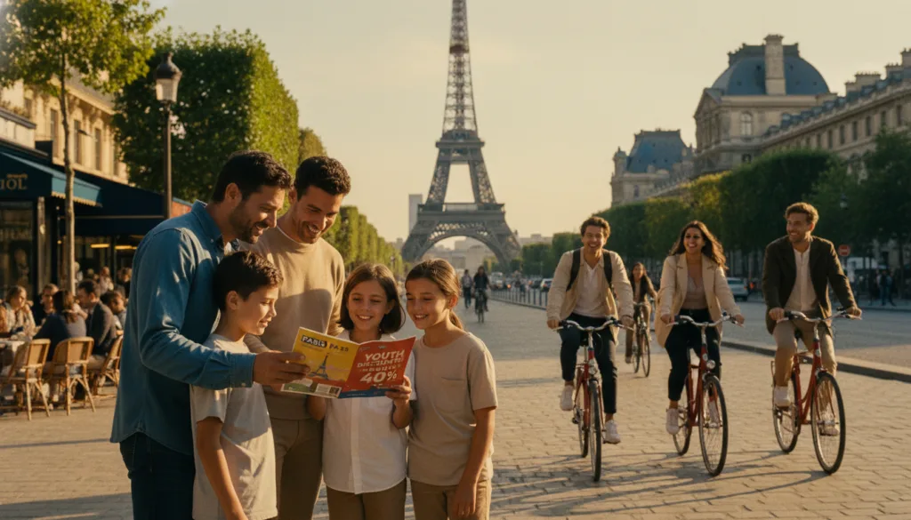 Una escena vibrante y cautivadora muestra a una familia disfrutando de diversas atracciones parisinas, rodeada de alegres jóvenes. En primer plano, una familia diversa de cuatro integrantes, vestida con ropa informal y discreta, examina un folleto colorido que destaca los descuentos en las entradas. En segundo plano, se muestran lugares emblemáticos de París, como la Torre Eiffel y el Louvre, bañados por una cálida y acogedora luz solar. Jóvenes, sonrientes y disfrutando del tiempo, pasean en bicicleta cerca, enfatizando el tema de los descuentos para jóvenes. Al fondo, una calle parisina sutilmente difuminada con encantadores cafés y árboles aporta profundidad a la imagen. La iluminación es cinematográfica, creando una atmósfera animada y relajada, capturada en una impresionante resolución de 8k con texturas muy detalladas.