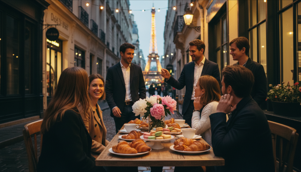A vibrant, cinematic scene of a secret food tour in Paris, showcasing a small group of people, dressed in casual yet stylish attire, enjoying delicious French pastries at a quaint street-side café. In the foreground, the intricate details of croissants and macarons are visible on a rustic wooden table, with fresh flowers in a vase. In the middle ground, the lively atmosphere features locals engaging joyfully with the tour guides, who are pointing out historical landmarks. The background reveals iconic Parisian architecture and a softly lit Eiffel Tower at dusk, creating a warm, inviting ambiance. The lighting is golden and dynamic, highlighting the textures of the food and the engaging expressions of the participants, capturing the essence of a rich culinary experience combined with the charm of Paris. 8k resolution.