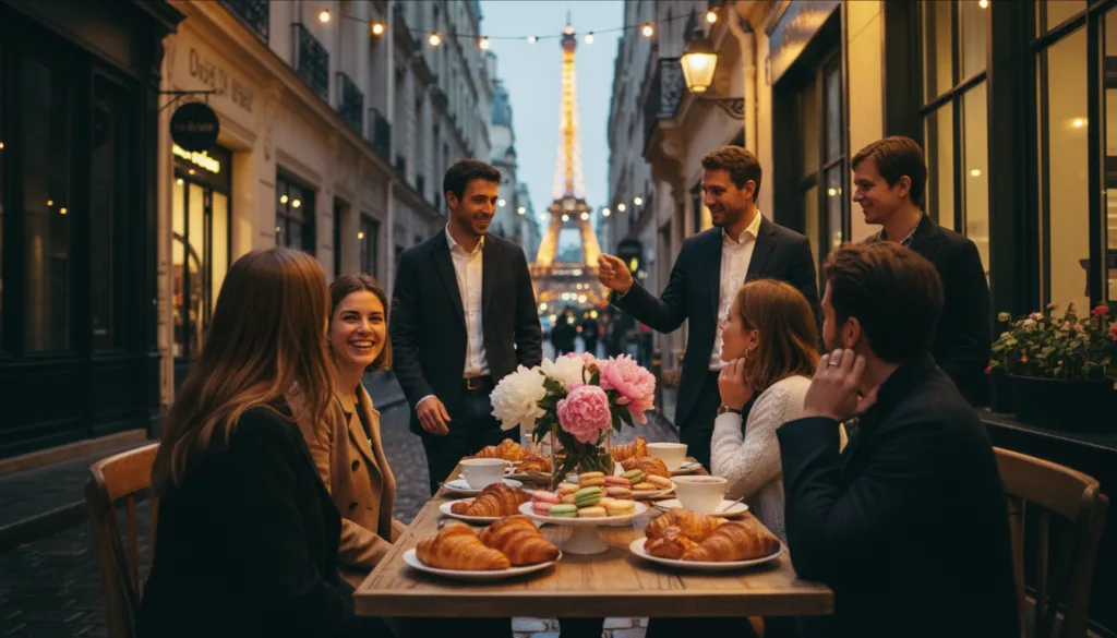 Une scène vibrante et cinématographique d'une visite gastronomique secrète à Paris, mettant en scène un petit groupe de personnes, vêtues de tenues décontractées mais élégantes, savourant de délicieuses pâtisseries françaises dans un charmant café de rue. Au premier plan, les détails raffinés des croissants et des macarons sont visibles sur une table en bois rustique, agrémentée de fleurs fraîches dans un vase. Au second plan, l'atmosphère animée est palpable : des Parisiens échangent joyeusement avec les guides, qui leur montrent les monuments historiques. En arrière-plan, on découvre l'architecture parisienne emblématique et la Tour Eiffel doucement éclairée au crépuscule, créant une ambiance chaleureuse et accueillante. La lumière dorée et dynamique souligne les textures des aliments et les expressions enthousiastes des participants, capturant l'essence d'une riche expérience culinaire alliée au charme de Paris. Résolution 8K.