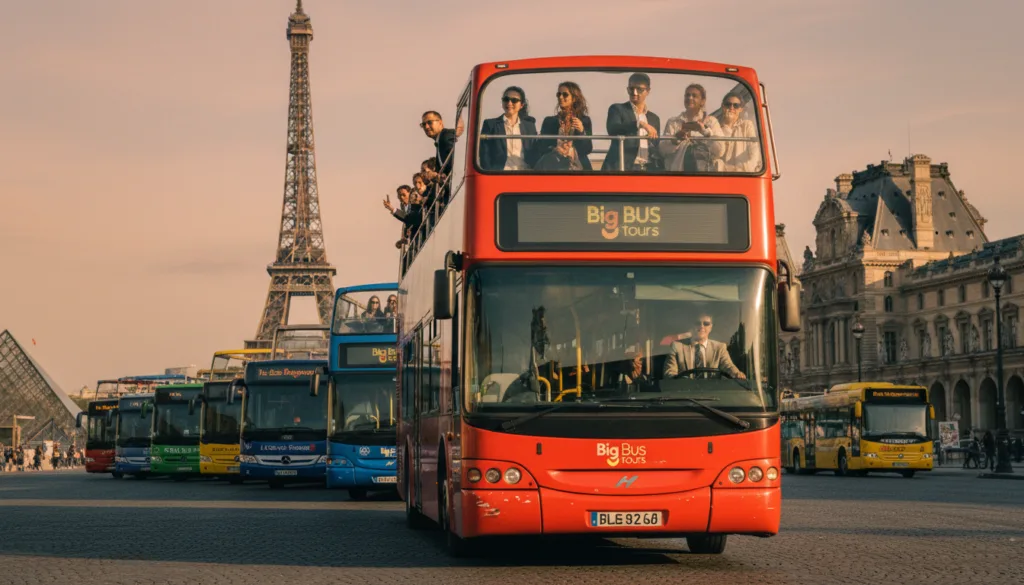 Isang masiglang tanawin ng lungsod na nagpapakita ng isang double-decker bus ng Big Bus Tours na kitang-kita sa harapan, kasama ang mga taong nasisiyahan sa tanawin mula sa itaas na kubyerta, nakasuot ng propesyonal na kasuotan sa negosyo at mahinhing kaswal na damit. Sa gitnang lugar, makikita ang iba't ibang sasakyan ng mga operator ng bus sa Paris, bawat isa ay magkakaiba sa kulay at istilo, na magkatabing nakaparada, na nagmumungkahi ng paghahambing. Tampok sa background ang mga iconic na landmark ng Paris tulad ng Eiffel Tower at Louvre, na naliligo sa ginintuang liwanag ng oras upang lumikha ng isang mainit at nakakaengganyong kapaligiran. Pinahuhusay ng cinematic lighting ang mga tekstura ng mga bus at ng nakapalibot na kapaligiran, na may malalalim na anino at mga highlight na nagdaragdag ng lalim sa tanawin. Kunan ang larawan sa 8k resolution para sa isang kapansin-pansing detalyadong visual.