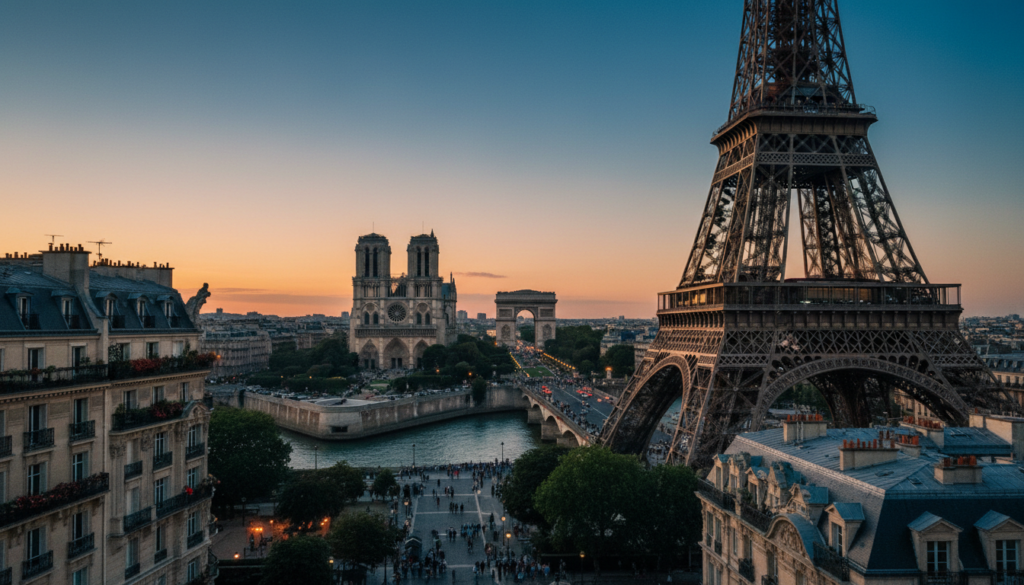 A vibrant cityscape of Paris showcasing its most iconic landmarks in a breathtaking composition. In the foreground, the majestic Eiffel Tower stands tall, intricately detailed against a clear blue sky. Surrounding it, elegant Parisian buildings, with classic architecture and charming balconies filled with flowers, create a romantic atmosphere. In the middle ground, the historic Notre-Dame Cathedral is visible, its Gothic spires punctuating the skyline, while the Seine River gently flows beside it, reflecting the golden hues of the setting sun. The background displays the Arc de Triomphe, softly illuminated, casting a warm glow over the bustling streets filled with modestly dressed tourists exploring the city. The scene is captured in 8k resolution, with cinematic lighting that emphasizes the textures of the structures, creating a captivating and inviting mood.