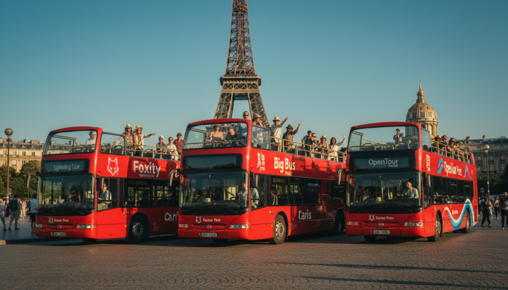 A vibrant comparison of top red bus tour operators in Paris, showcasing three distinct double-decker buses parked side by side in a bustling city square. In the foreground, a red open-top bus features a diverse group of tourists wearing casual yet stylish clothing, capturing their excitement. The middle ground displays two additional double-decker buses, each with unique branding, set against iconic Parisian architecture like the Eiffel Tower in the background. The scene is bathed in warm, cinematic lighting, highlighting the glossy textures of the buses and the lively atmosphere. The angle is slightly elevated, offering a comprehensive view of the operators’ branding and the tourists' engagement while ensuring the image is professional, clean, and suitable for all audiences. 8k resolution for detailed textures.