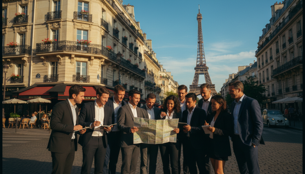 A vibrant corporate team-building group tour set against the iconic backdrop of Paris. In the foreground, a diverse group of professionals, in smart business attire, engages in an interactive discussion while holding maps and take notes, conveying a sense of collaboration and excitement. The middle ground features a picturesque Parisian street, lined with charming cafes and classic architecture, creating a lively atmosphere. In the background, the Eiffel Tower stands majestically under a clear blue sky, casting soft shadows. The scene is captured with cinematic lighting, enhancing the textures of the buildings and the warmth of the group, shot in an 8k resolution to showcase intricate details. The overall mood is one of teamwork and adventure, inviting viewers into the experience of corporate camaraderie in a stunning location.