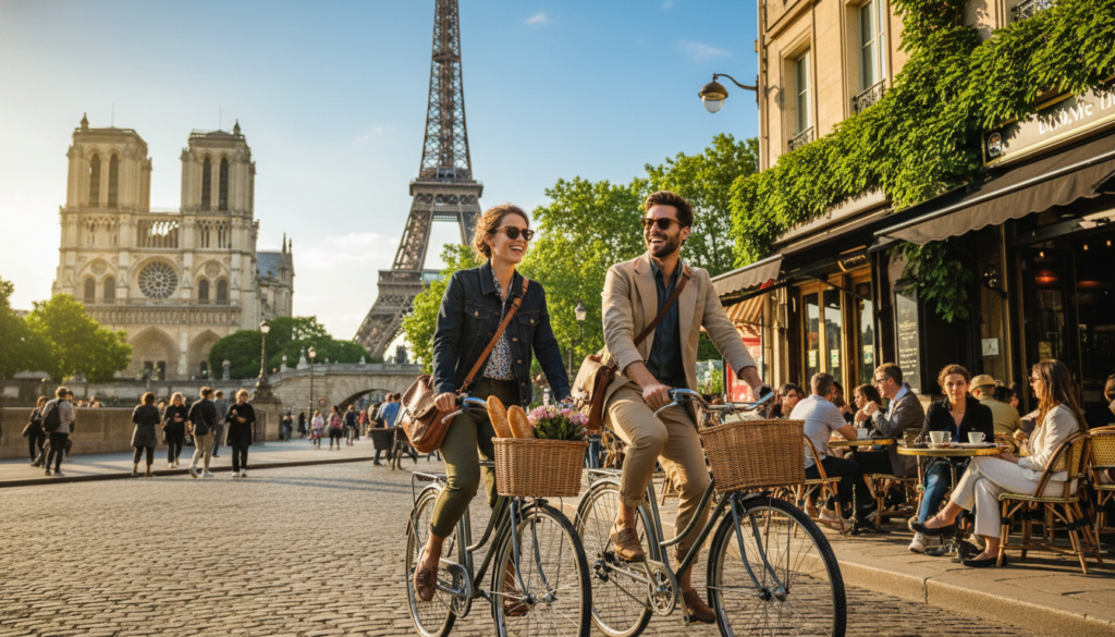 A vibrant daytime scene depicting a bicycle tour in Paris, with cyclists in casual yet stylish clothing exploring the city. In the foreground, a couple of cyclists, one male and one female, smile as they pedal past a charming café. The middle ground features iconic landmarks such as the Eiffel Tower and Notre-Dame Cathedral, bathed in warm sunlight, showcasing their intricate details. Lush green trees line the streets, and Parisians are seen enjoying the day, embodying the lively atmosphere. The background features a clear blue sky, accentuating the beauty of the city. The image is captured in 8k resolution with cinematic lighting, emphasizing highly detailed textures and a cheerful, adventurous mood.