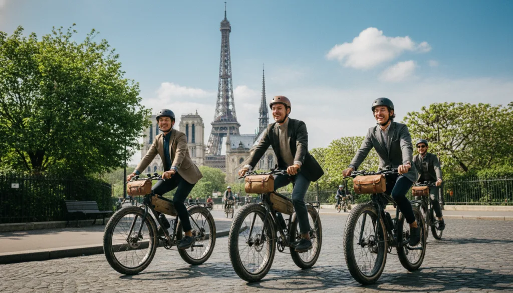Una vibrante escena diurna que muestra a un grupo de ciclistas en bicicletas de ruedas anchas recorriendo rutas panorámicas por París. En primer plano, los ciclistas, con su ropa informal pero elegante, transmiten una mezcla de disfrute y exploración. En el plano medio, destacan monumentos emblemáticos de París, como la Torre Eiffel y Notre-Dame, enmarcados por una exuberante vegetación y calles empedradas. Una iluminación cinematográfica brillante y suave resalta los detalles de las bicicletas y la arquitectura. Al fondo, un cielo azul despejado realza la atmósfera de un día perfecto para el ciclismo, con nubes caprichosas que le añaden encanto. La imagen debe tener un alto nivel de detalle, con texturas visibles en las bicicletas, la vegetación y los edificios históricos, capturada en resolución 8K para una claridad visual impresionante.