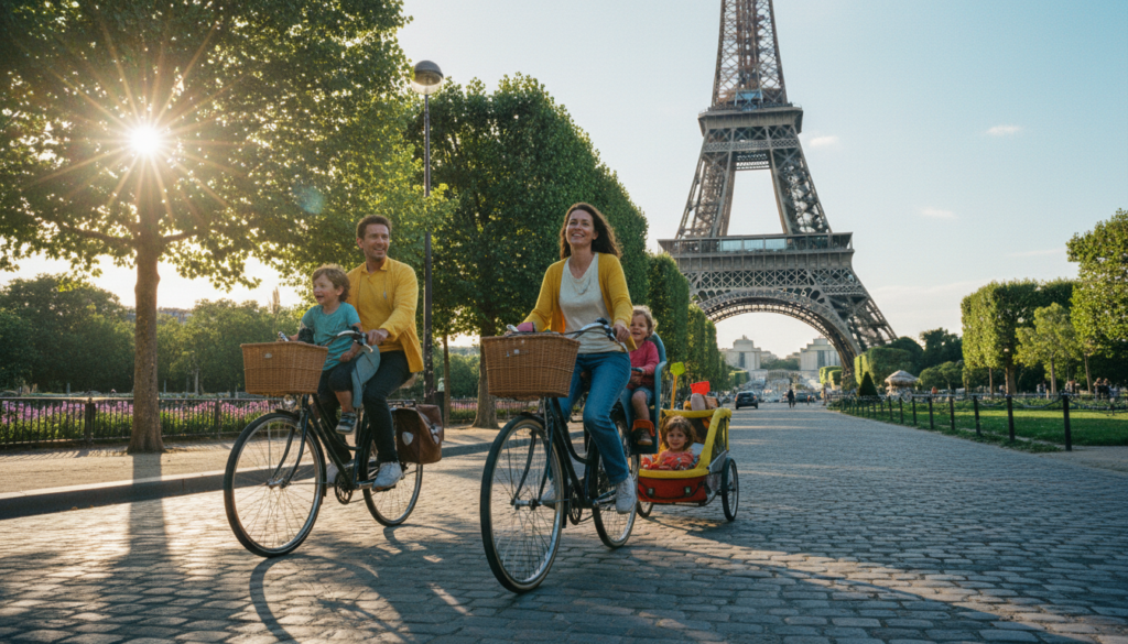 A vibrant family bicycle tour in Paris featuring two adults and two children, riding bicycles equipped with child seats and a colorful trailer. The foreground showcases the family cycling along a tree-lined avenue, with the children smiling and enjoying the ride. In the middle ground, iconic Parisian landmarks like the Eiffel Tower and lush green gardens create a picturesque backdrop. The lighting is soft and warm, reminiscent of a sunny afternoon, enhancing the cheerful atmosphere. The scene captures movement and joy as the family explores the city together. A wide-angle lens perspective highlights the vibrancy of the scene, with highly detailed textures in 8k resolution, inviting viewers into this heartwarming adventure.
