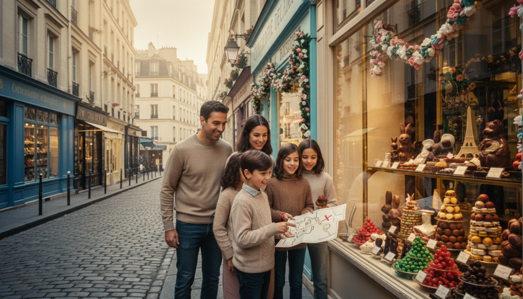 A vibrant family chocolate treasure hunt in Le Marais, featuring children excitedly exploring charming chocolate shops. In the foreground, a diverse family with two children, all wearing modest casual clothing, eagerly examine ornate chocolate displays filled with colorful treats. The middle-ground showcases the delightful façades of traditional Parisian chocolate shops with inviting windows, decorated with pastel colors and sweet decorations. In the background, iconic Parisian architecture and cobblestone streets create an enchanting atmosphere. The scene is illuminated by warm, cinematic lighting, casting soft shadows that enhance the textures of the chocolate and shop interiors. Capture this lively moment in 8k resolution, emphasizing the joy and wonder of a family adventure through a rich chocolate-filled Paris.