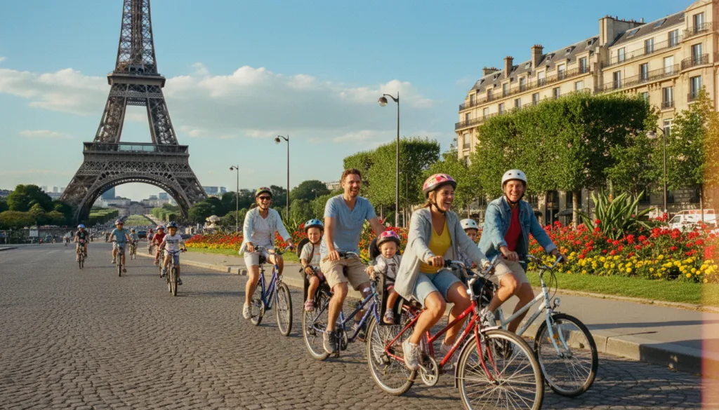 Una escena vibrante y familiar que muestra un paseo en bicicleta por París, ideal para familias y principiantes. En primer plano, una familia diversa, vestida con ropa informal, disfruta de un paseo en bicicleta tándem equipada con asientos y cascos para niños. En el plano medio se aprecian lugares emblemáticos de París, como la Torre Eiffel, y pintorescas avenidas arboladas, salpicadas de vegetación y flores en flor. El fondo presenta un cielo azul brillante con nubes suaves y esponjosas, que capturan un día soleado. La iluminación es cálida y acogedora, evocando una sensación de aventura y alegría. La imagen debe tener una calidad fotográfica natural con texturas muy detalladas, renderizada en resolución 8K, enfatizando la belleza escénica de las calles parisinas y la emoción de la exploración familiar.