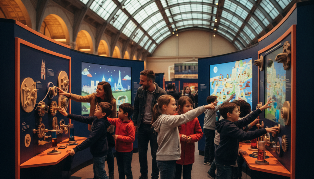 A vibrant family scene inside a popular indoor attraction in Paris, filled with children and parents engaging with interactive exhibits. In the foreground, a diverse group of children, dressed in bright, casual clothing, are excitedly exploring a hands-on science exhibit, while parents watch with joy. The middle ground features colorful, interactive displays showcasing Parisian history and culture, with intricate details and textures. The background displays a large, softly lit space bathed in warm, cinematic lighting, enhancing the inviting atmosphere. Utilize an 8k resolution to capture the lively expressions and textures of the exhibits, ensuring a sense of wonder and enjoyment in the image.