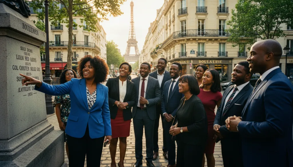Une visite guidée à pied dynamique à Paris, mettant en valeur le patrimoine afro-américain. Au premier plan, un groupe de touristes d'horizons divers, vêtus de tenues professionnelles, échange avec enthousiasme avec une guide passionnée. Cette dernière, une femme noire charismatique, désigne un monument historique lié à la culture afro-américaine. Au second plan, de pittoresques immeubles parisiens et de charmantes rues pavées forment un décor accueillant, baigné par une douce lumière filtrant à travers les arbres. En arrière-plan se dessine la silhouette emblématique de la Tour Eiffel, subtilement intégrée pour situer la scène à Paris. L'atmosphère est à la fois stimulante et instructive, invitant à la découverte et au partage. L'image, capturée dans un style photographique brut, avec un éclairage cinématographique et des textures très détaillées, est rendue en résolution 8K pour une netteté et un attrait exceptionnels. Une visite guidée à pied dynamique à Paris, mettant en valeur le patrimoine afro-américain. Au premier plan, un groupe de touristes d'horizons divers, vêtus de tenues professionnelles, échange avec enthousiasme avec une guide passionnée. Cette dernière, une femme noire charismatique, désigne un monument historique lié à la culture afro-américaine. Au second plan, de pittoresques immeubles parisiens et de charmantes rues pavées forment un décor accueillant, baigné par une douce lumière filtrant à travers les arbres. En arrière-plan se dessine la silhouette emblématique de la Tour Eiffel, subtilement intégrée pour situer la scène à Paris. L'atmosphère est à la fois stimulante et instructive, invitant à la découverte et au partage. L'image, capturée dans un style photographique brut, avec un éclairage cinématographique et des textures très détaillées, est rendue en résolution 8K pour une netteté et un attrait exceptionnels.